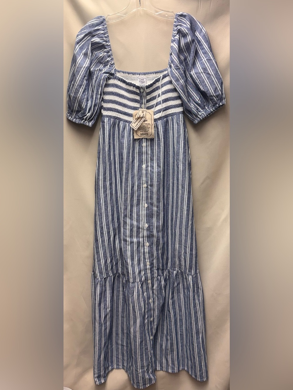 Emerson Fry Love Tomas Puff Sleeve 
Striped Smocked Cotton Maxi Dress NWT XS/S - Picture 6 of 9